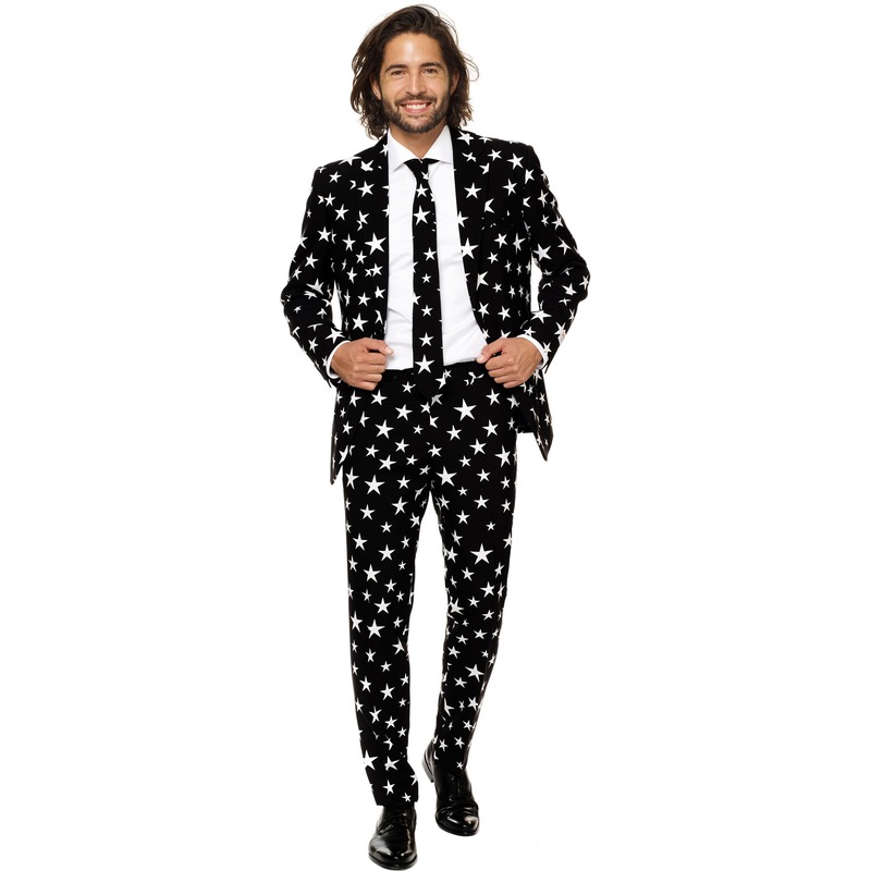 Heren verkleedkostuum zwart met witte sterren print business suit Top Merken Winkel